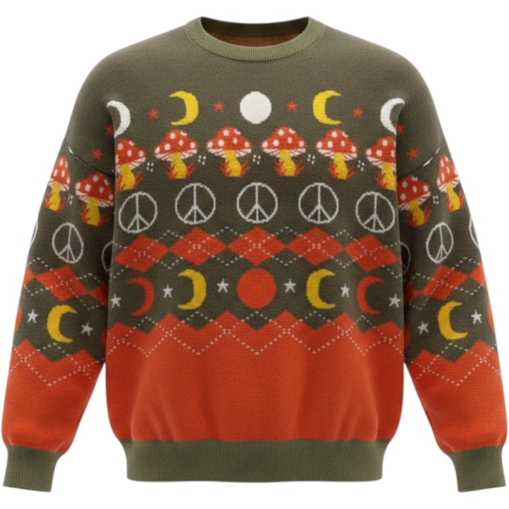 Earthbound Trading Co Mushroom Peace Moon Celestial Cotton Sweater XXL Green